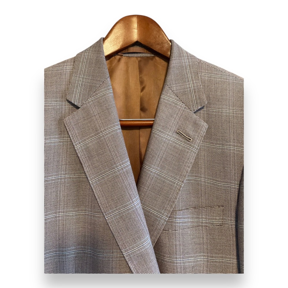 Schofield & Smith England Super 120s Worsted Wool Silk Glen Plaid Blazer Tan 42R
